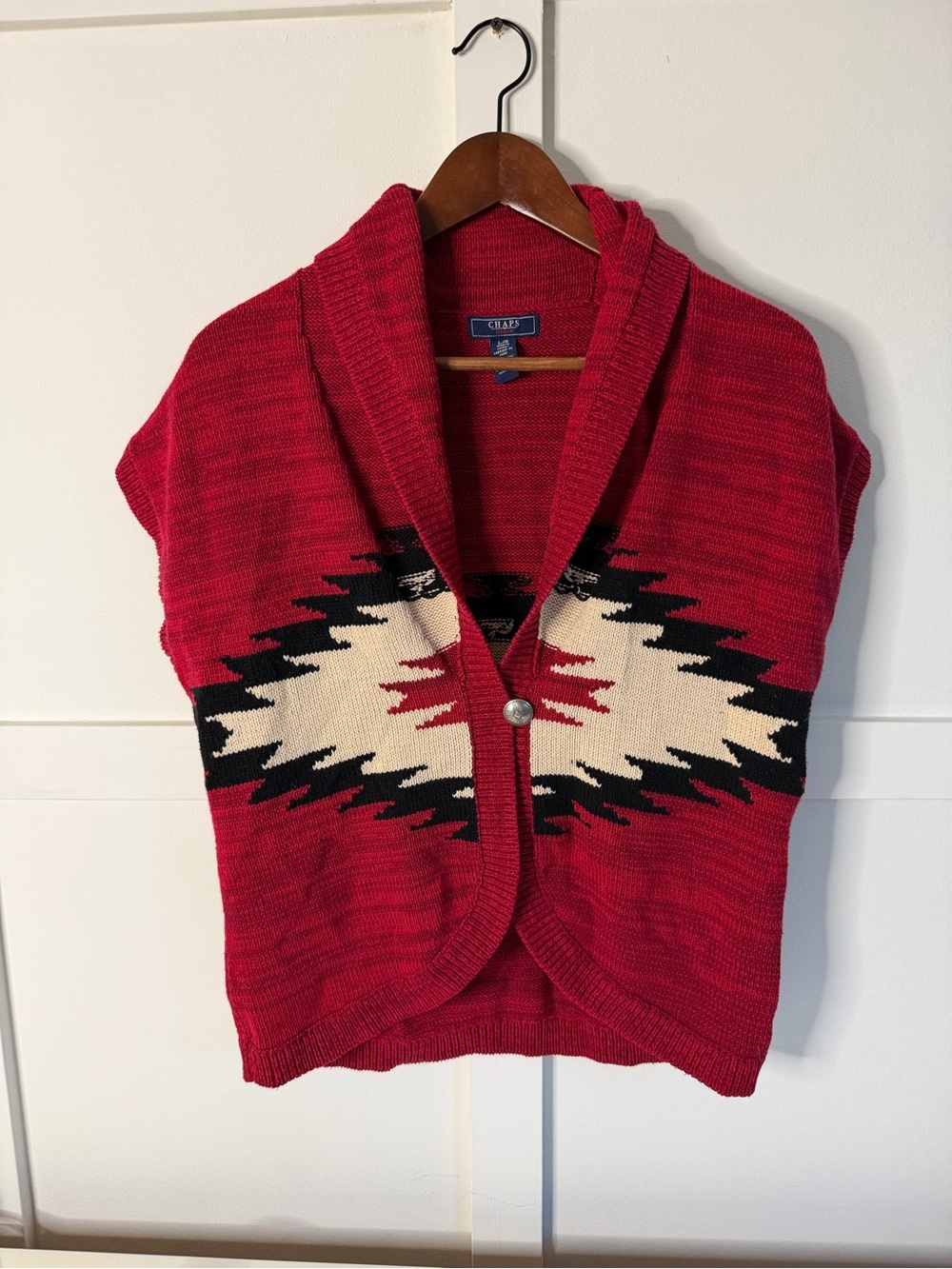 Chaps Red Aztec-Inspired Shawl Collar Sweater Vest - Large